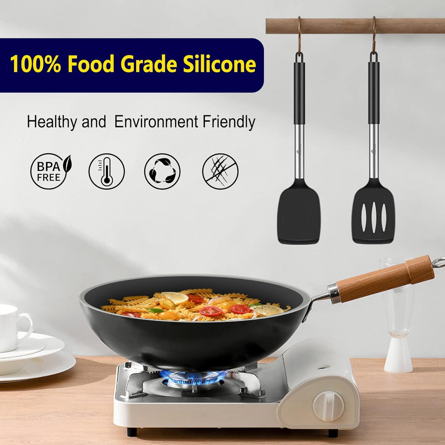 Silikon Pfannenwender Set 2er Schwarz 34.8cm Küchenspatel Kochen Backen