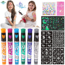 Glitzer Tattoo Stifte Set mit 6 Farben, 95 Schablonen, Einhorn Tattoos