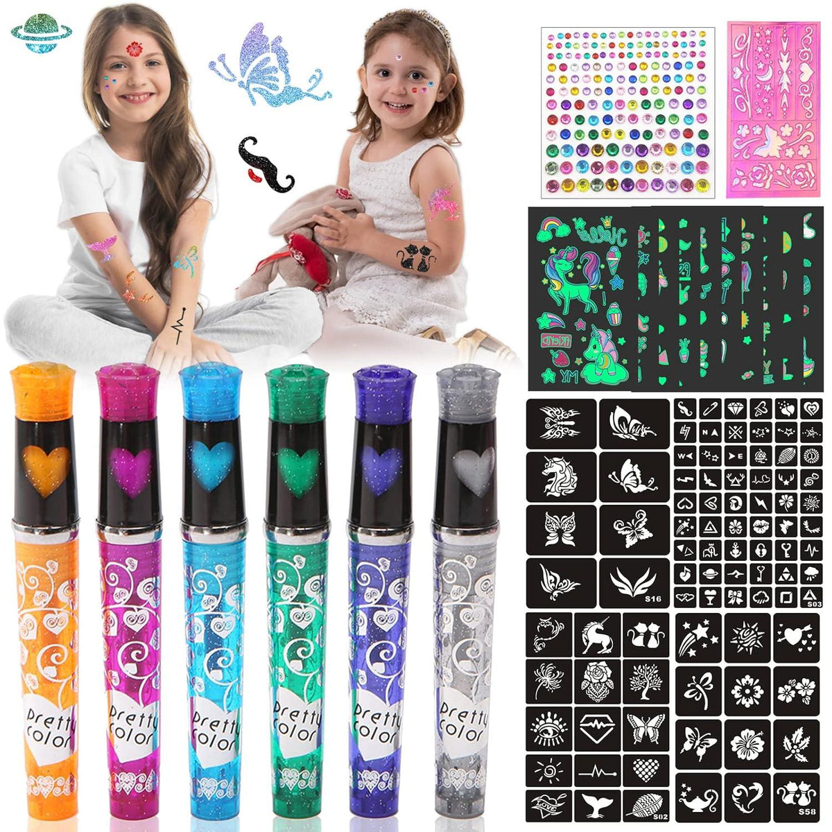 Glitzer Tattoo Stifte Set mit 6 Farben, 95 Schablonen, Einhorn Tattoos