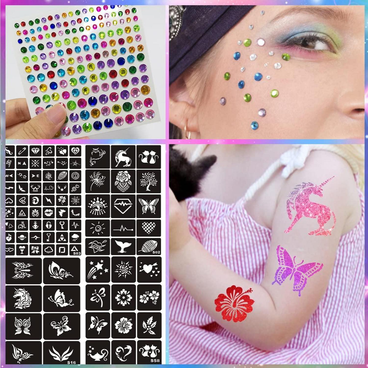 Glitzer Tattoo Stifte Set mit 6 Farben, 95 Schablonen, Einhorn Tattoos