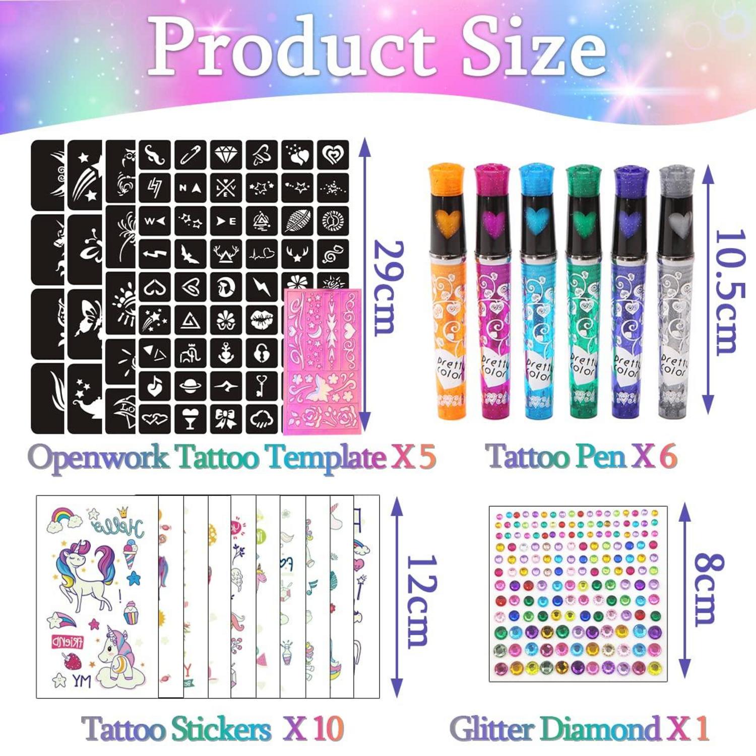 Glitzer Tattoo Stifte Kinder 6 Farben 95 Schablonen Einhorn Leuchtend