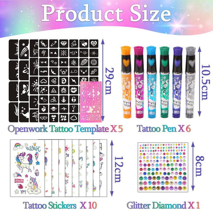 Glitzer Tattoo Stifte Kinder 6 Farben 95 Schablonen Einhorn Leuchtend