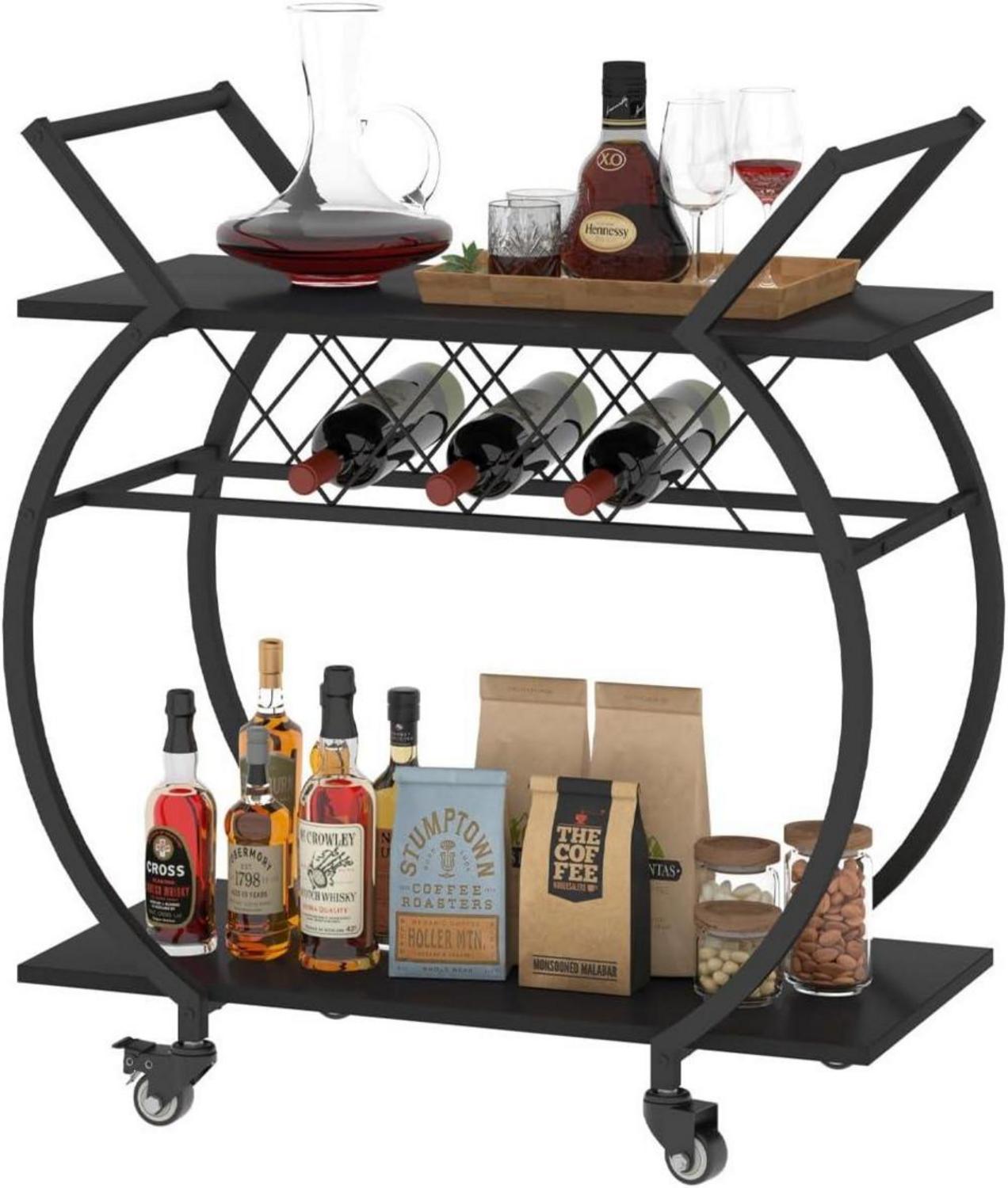 Servierwagen mit Weinregal 2 Ebenen schwarz 76x40x84cm