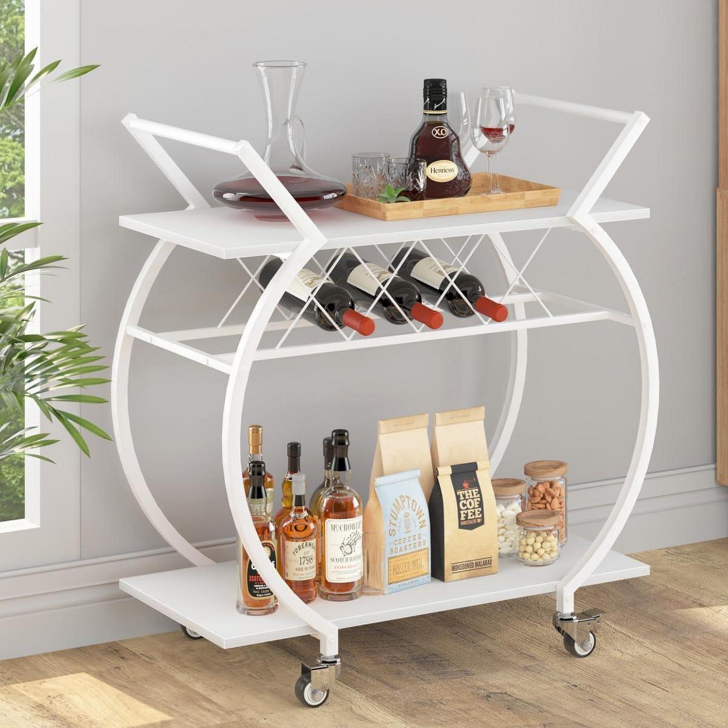 Servierwagen mit Rollen und Weinregal aus Holz Weiß 76x40.5x84 cm