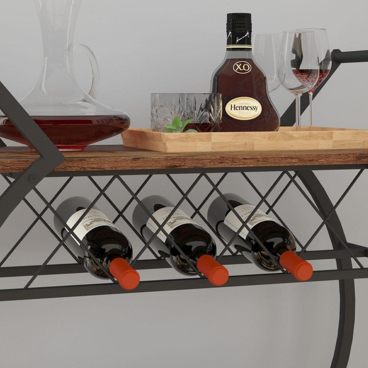 Servierwagen mit Rollen und Weinregal für Küche und Bar, Vintagebraun-schwarz