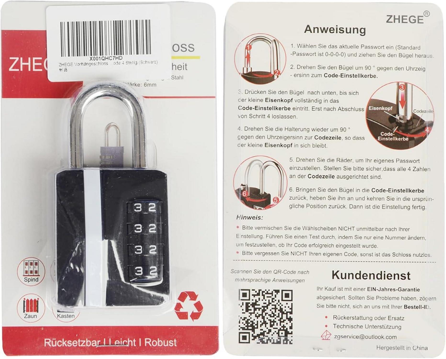 ZHEGE Zahlenschloss Vorhängeschloss Große Schwarze Zahlen Fitnessstudio Spind Schrank Wetterfest Nummernschloss Aussenbereich 1P 1 Stück