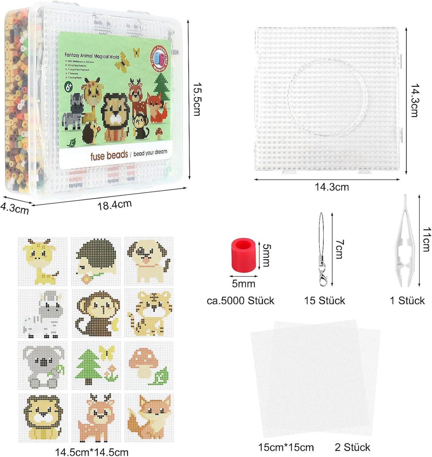 Bügelperlen Set Tiere 5000 Stück mit Zubehör und Muster