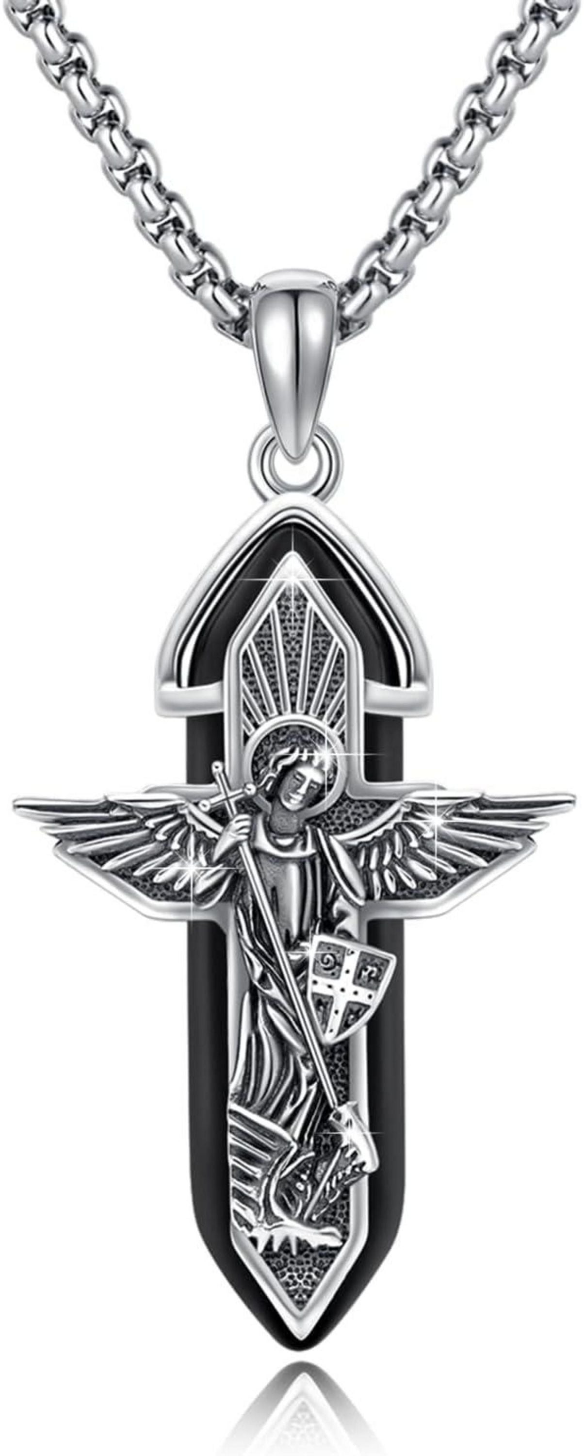 TRISHULA Erzengel Michael Amulett Halskette Schwarz 925er Silber