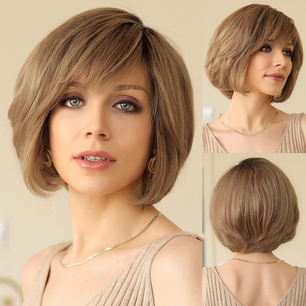 Echthaarperücke Wellig Pixie Cut Ombre Aschblond Mittel