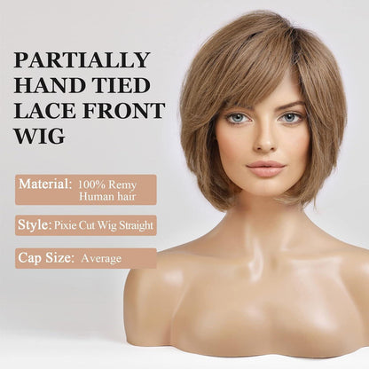 Echthaarperücke Wellig Pixie Cut Ombre Aschblond Mittel