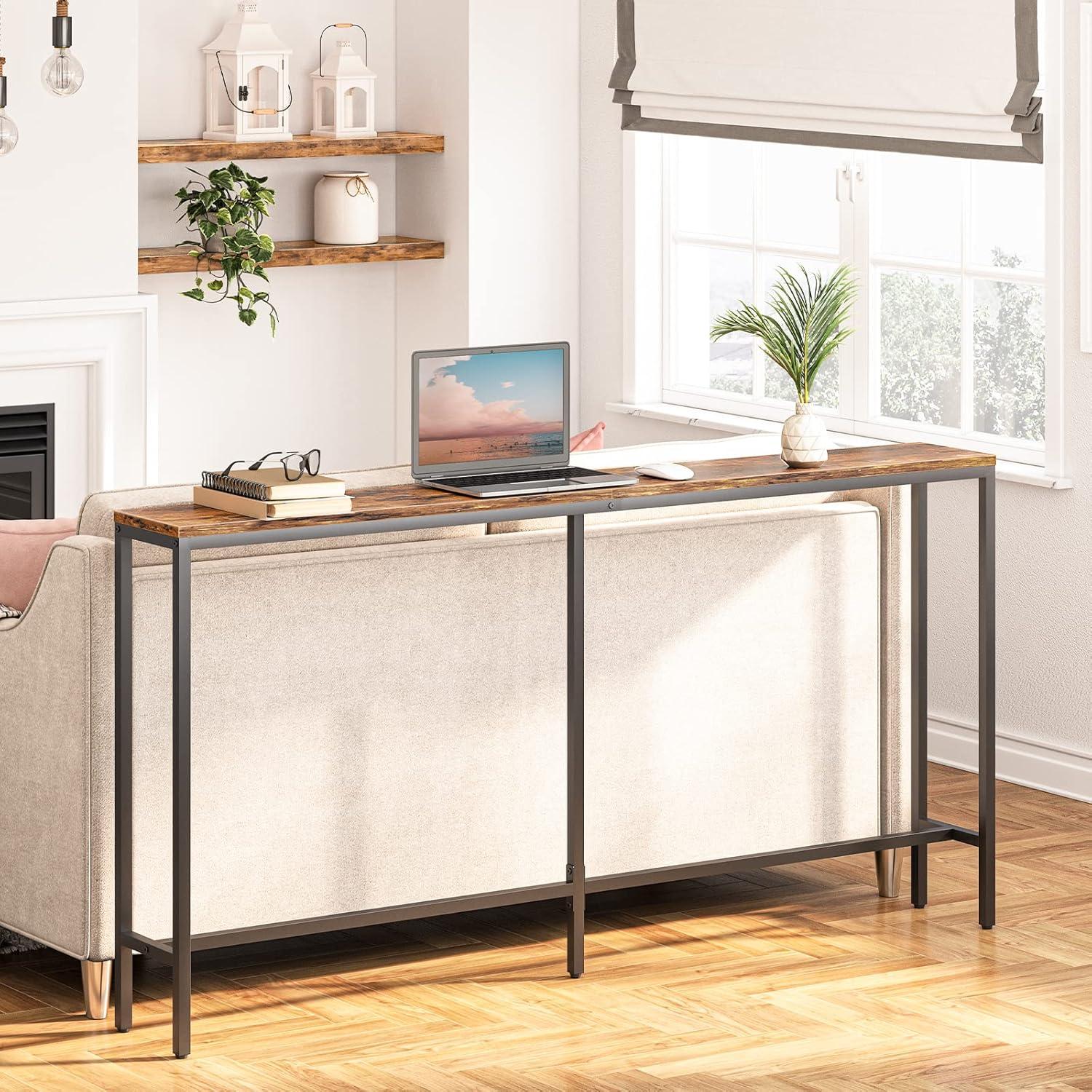 Konsolentisch 160 cm Schmal Flurtisch Wohnzimmer Dunkelbraun Rustikal
