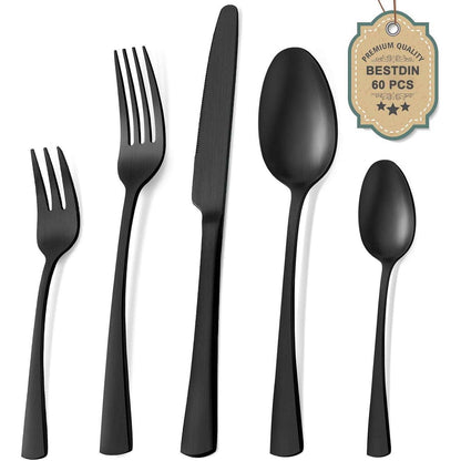 Besteckset 60 Teile für 12 Personen, Edelstahl Schwarz Matt