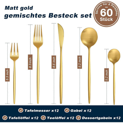 Besteckset Gold Matt 60 Teile für 12 Personen Edelstahl