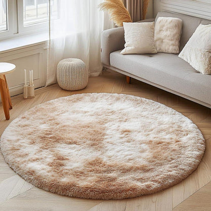 Runder Hochflor Teppich Wohnzimmer 160cm Khaki Weiß