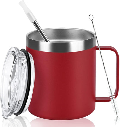 Livole Edelstahl Camping Becher 12oz Trinkbecher mit Deckel Strohhalm 350ml Rot