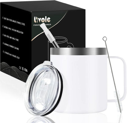 Edelstahl Camping Becher 12oz mit Deckel und Strohhalm, Doppelwandig