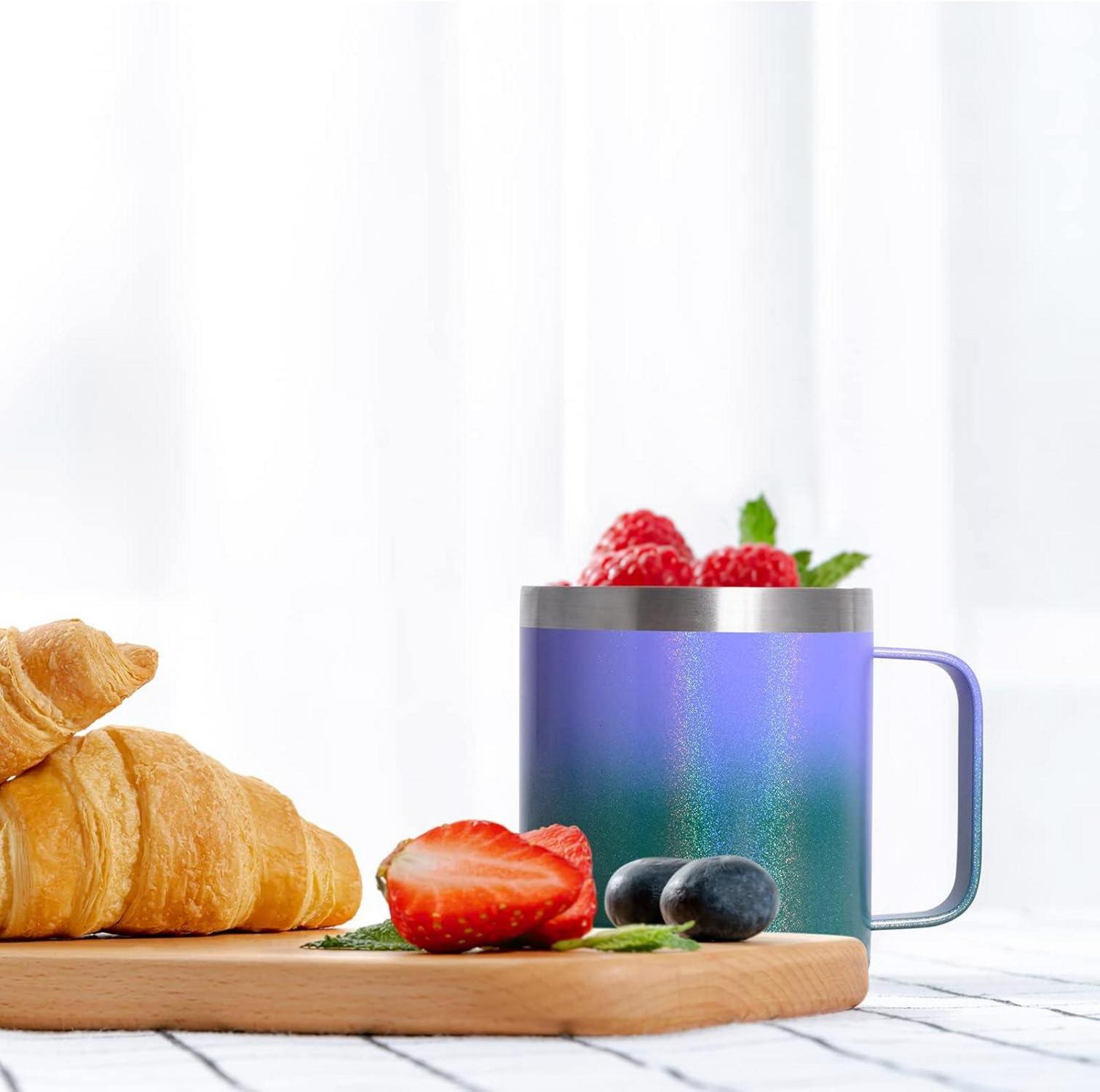 Livole Edelstahl Camping Becher 12oz Thermobecher mit Deckel Strohhalm und Henkel