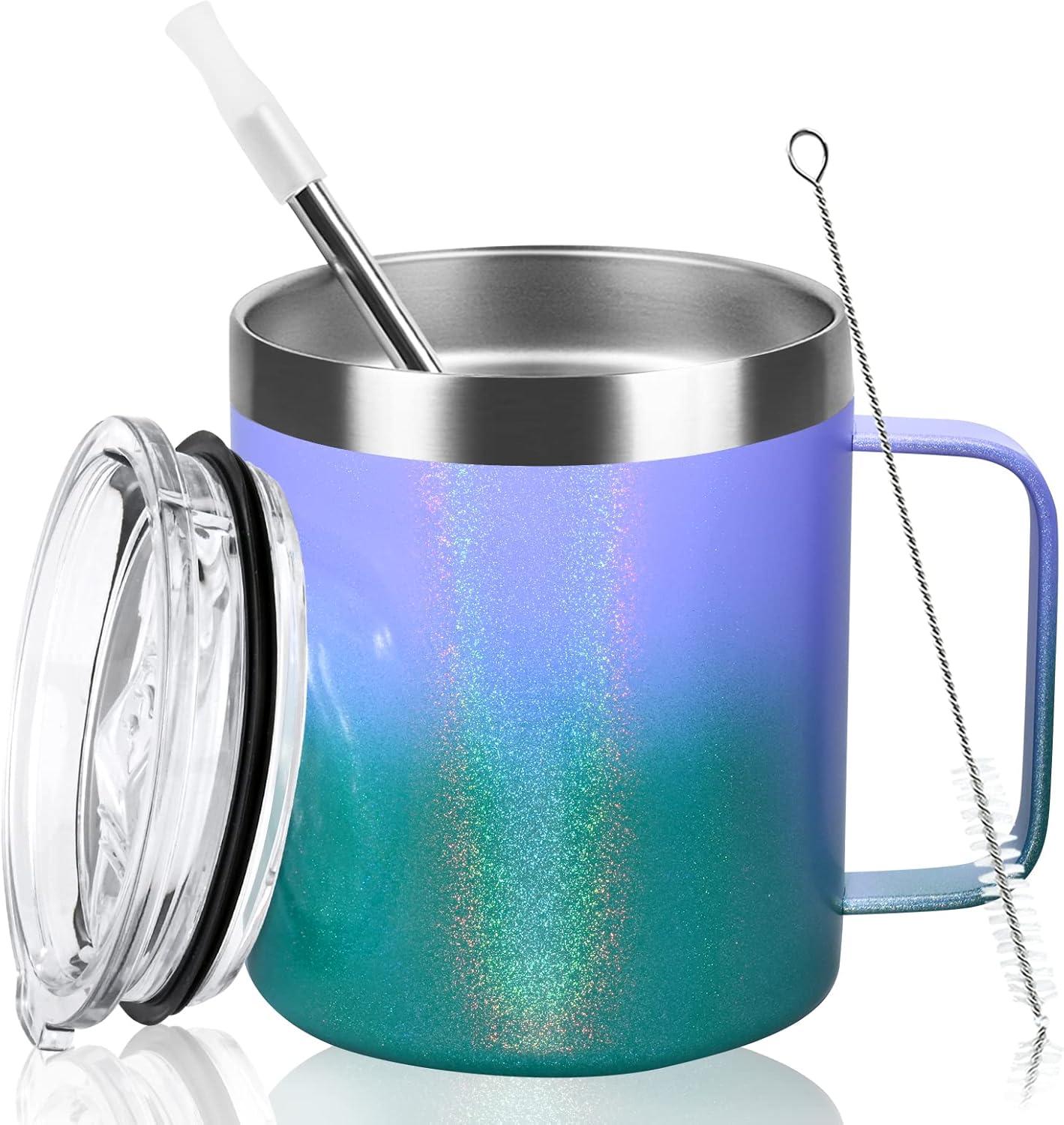 Livole Edelstahl Camping Becher 12oz Thermobecher mit Deckel Strohhalm und Henkel