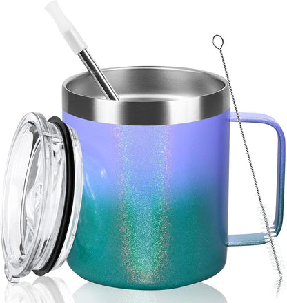 Livole Edelstahl Camping Becher 12oz Thermobecher mit Deckel Strohhalm und Henkel