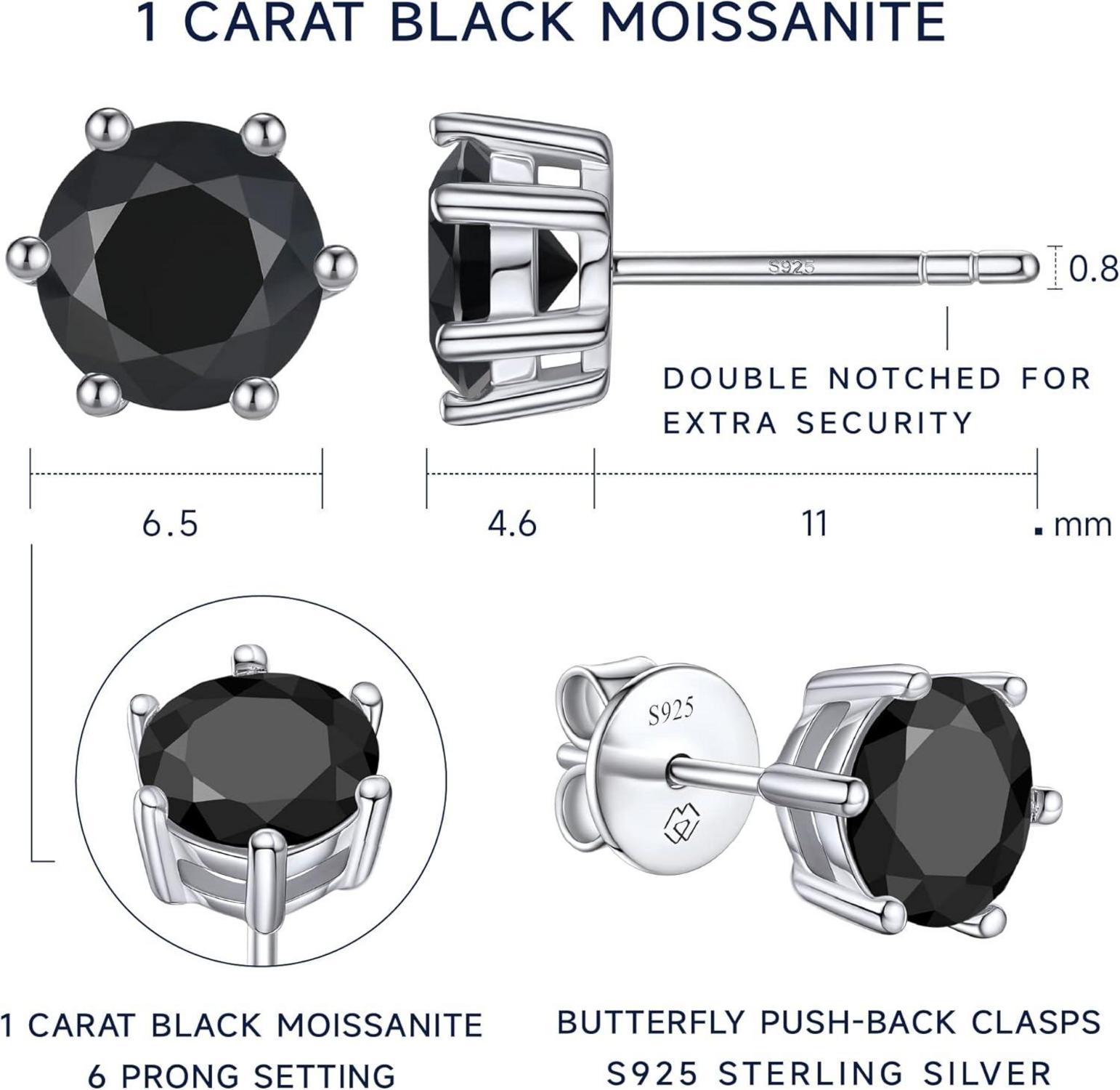 Schwarze Moissanite Ohrstecker 1-2 Karat 925 Sterling Silber 6 Prong