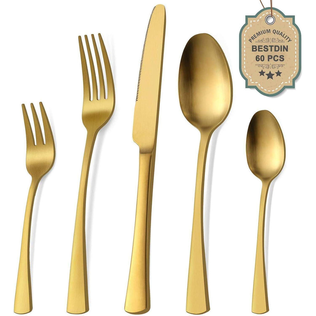 Edelstahl Besteckset Matt Gold für 12 Personen, 60-teilig, Spülmaschinenfest