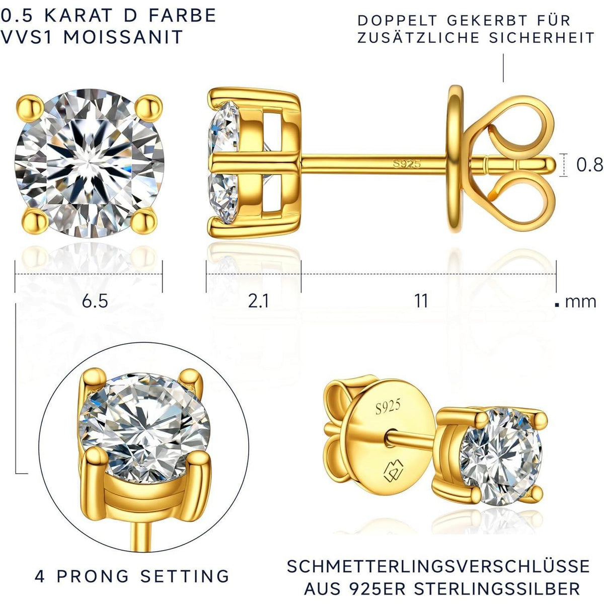 Moissanit Ohrstecker 585 Gold 1 Karat Rosegold Hypoallergen Geschenk Damen