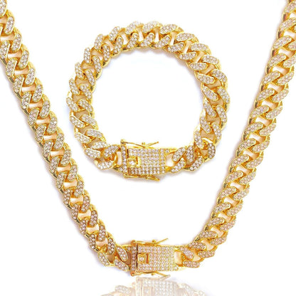 Kubanische Gliederkette 12mm Silber Gold mit Strass, Armband Set