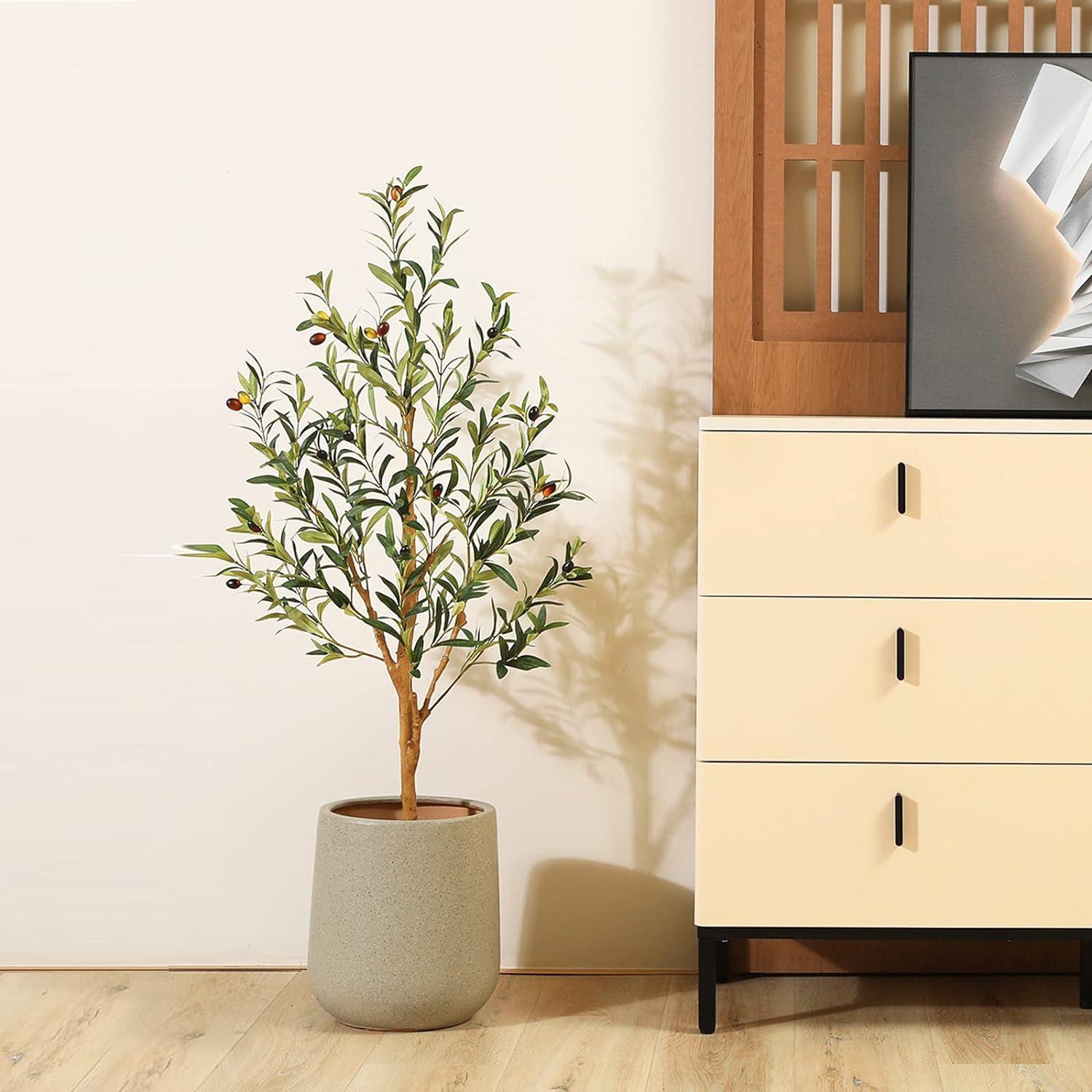 Künstlicher Olivenbaum 120cm mit Naturholzstamm und lebensechten Früchten – Große Künstliche Pflanze für Innenbereich