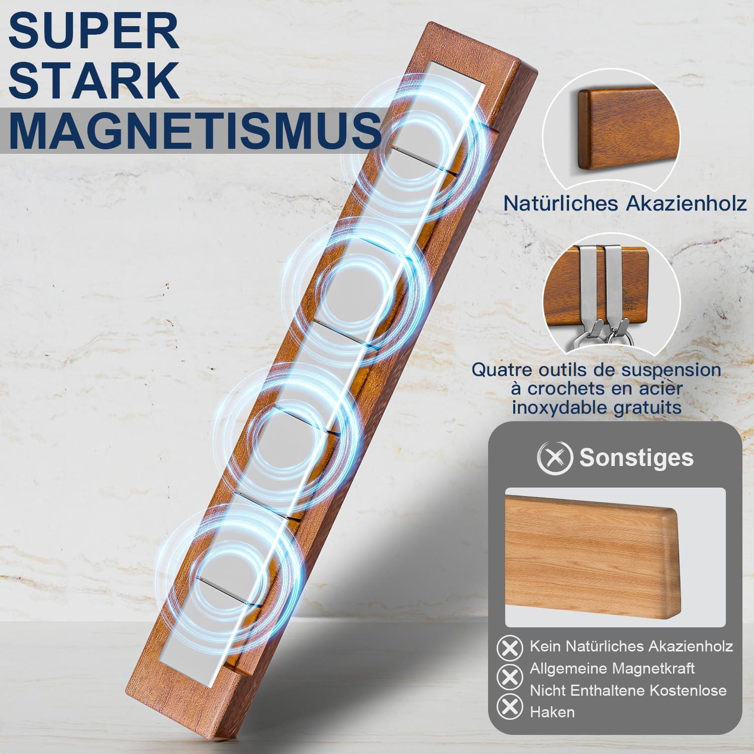 Magnetleiste Messer 40 cm Akazienholz Magnetisch 4 Haken