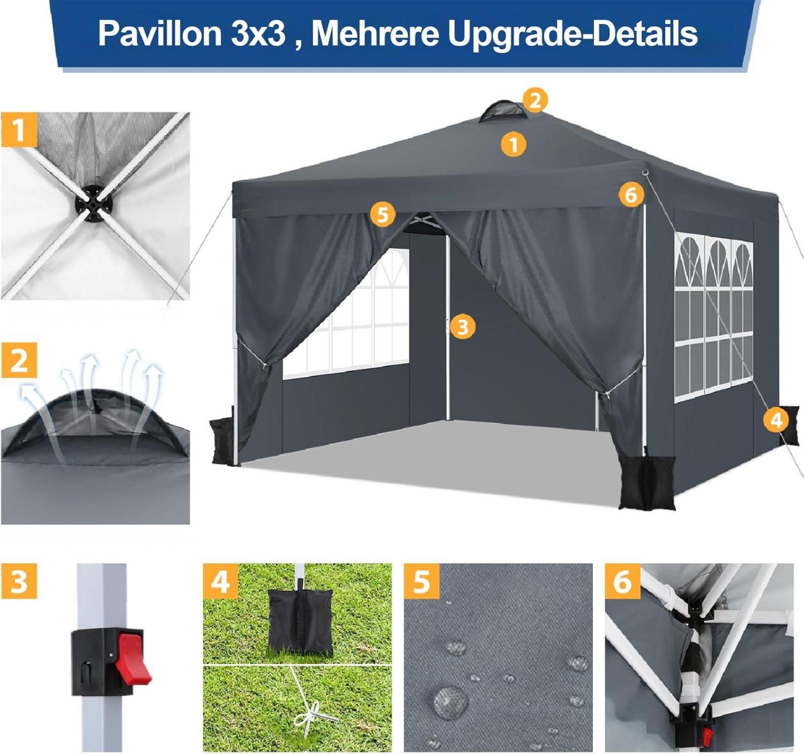 Pavillon 3x3 Faltpavillon 3x3 Wasserdicht 50+ UV-Schutz Winterfest