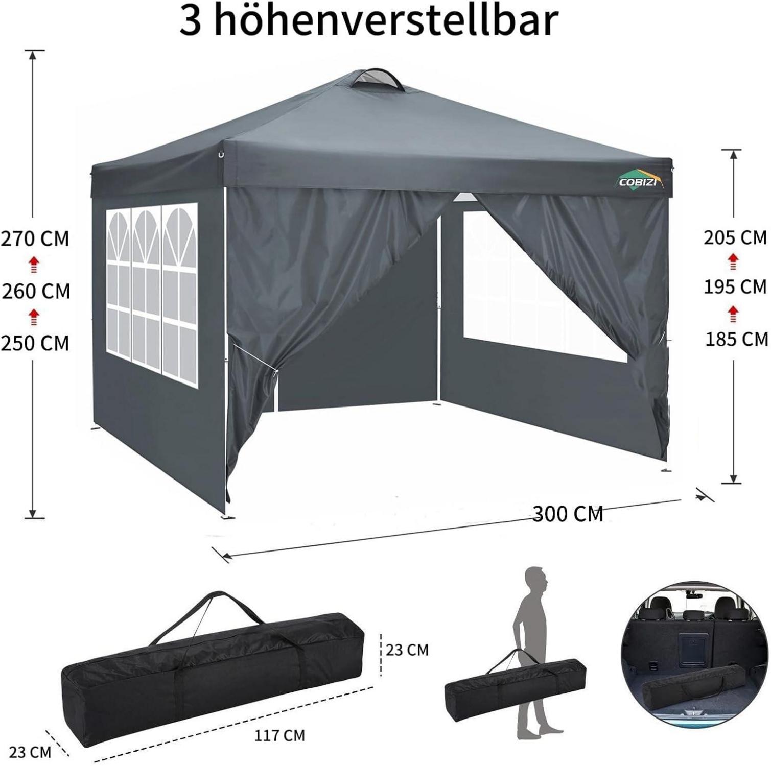 COBIZI Pavillon 3x3 UV 50+ Faltpavillon Stabil Wasserdicht 4 Seitenteile