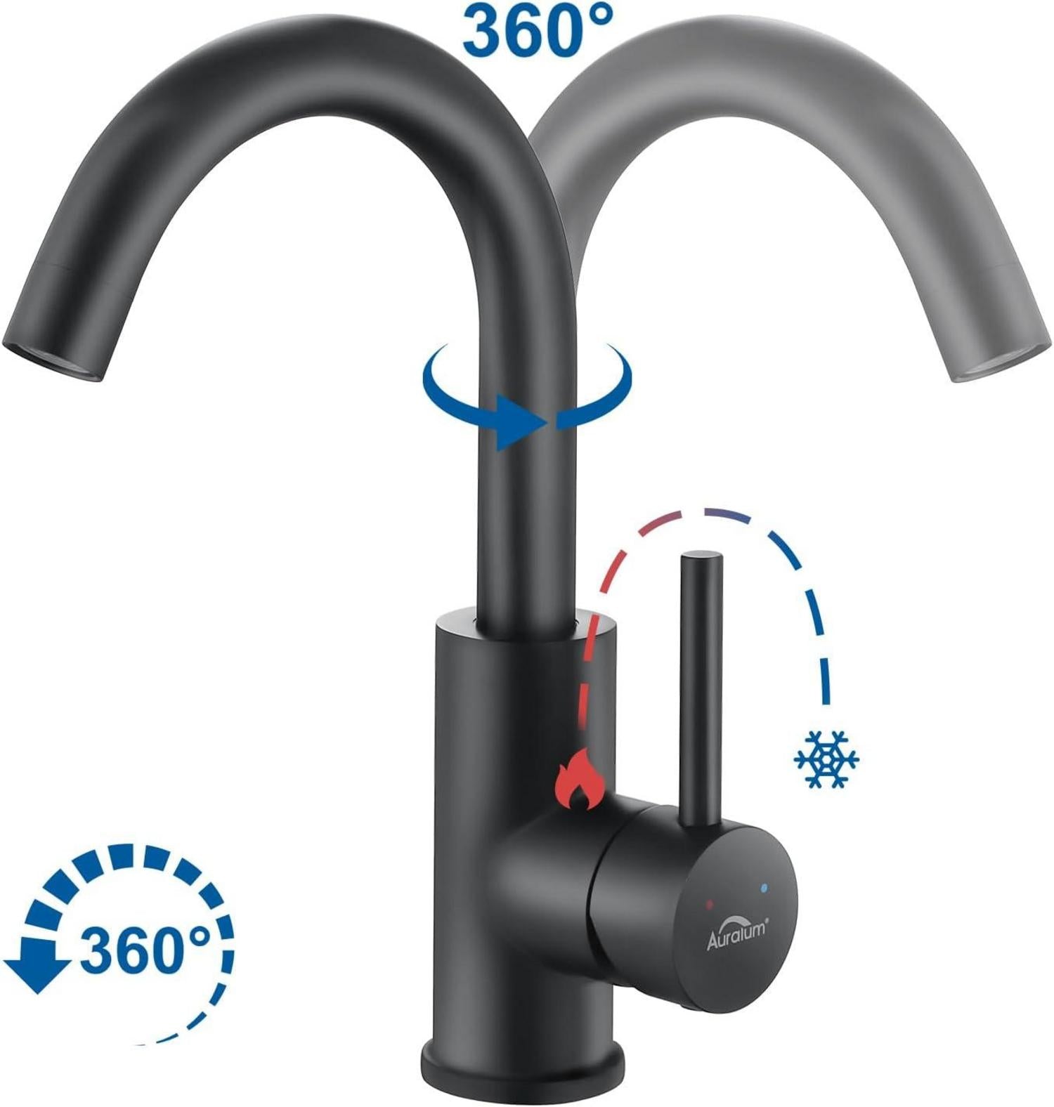Auralum Schwarz Matt Waschtischarmatur 360 Grad drehbar Wasserhahn Bad 60CM Schlauch