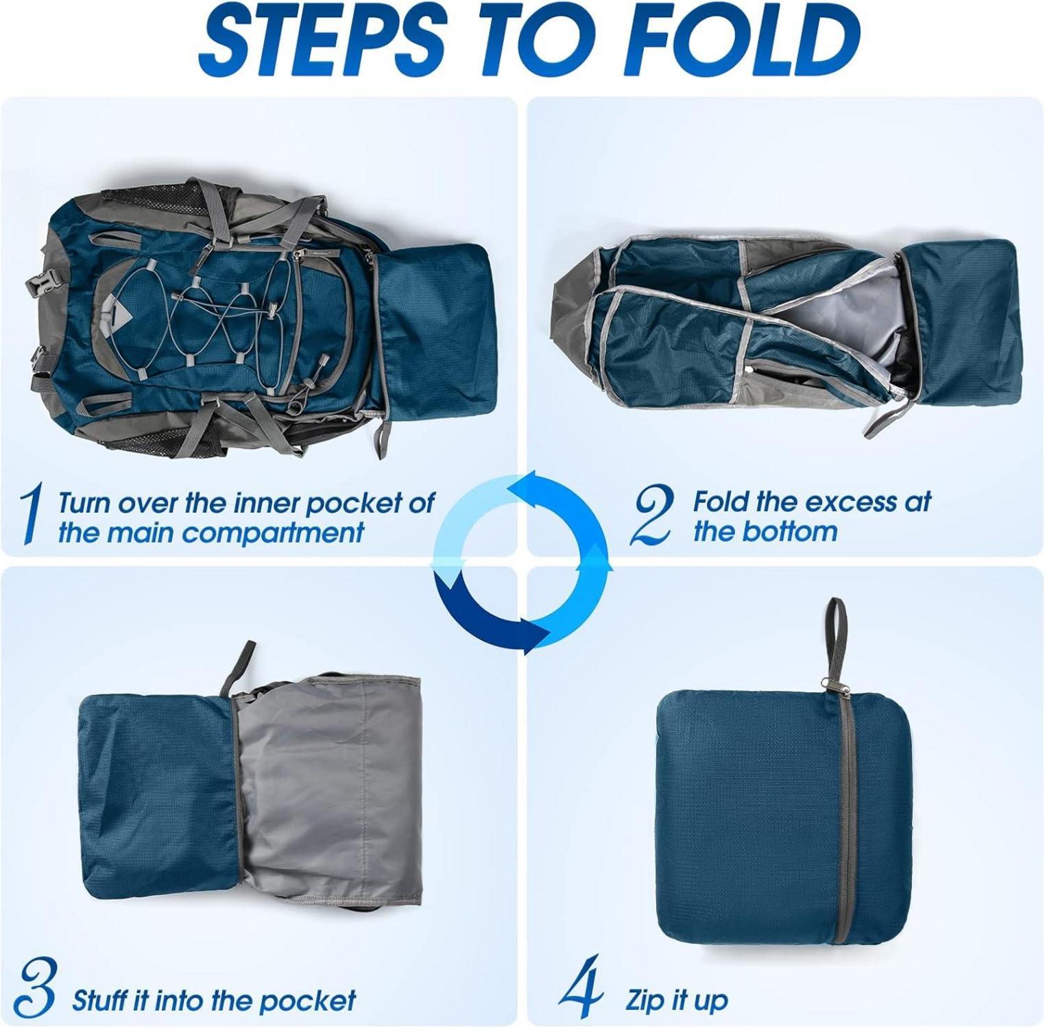 Wanderrucksack 40L Wasserdicht Leicht Faltbar Trekking Blau