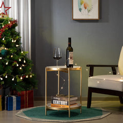 HollyHOME Beistelltisch Rund Gold Metall 2 Ebenen Couchtisch Teetisch