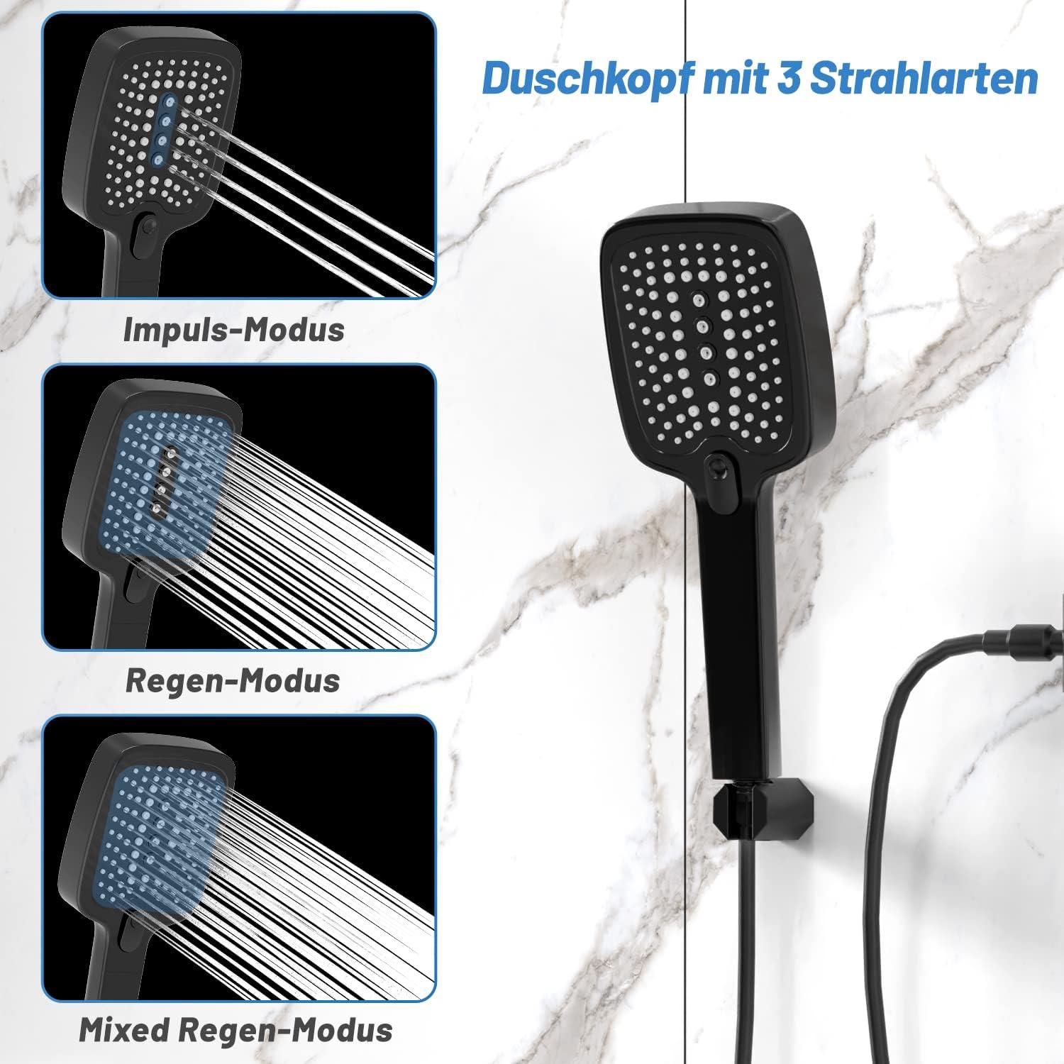 VEHHE Duschkopf 3 Strahlarten Einhand Bedienung Antikalk Schwarz