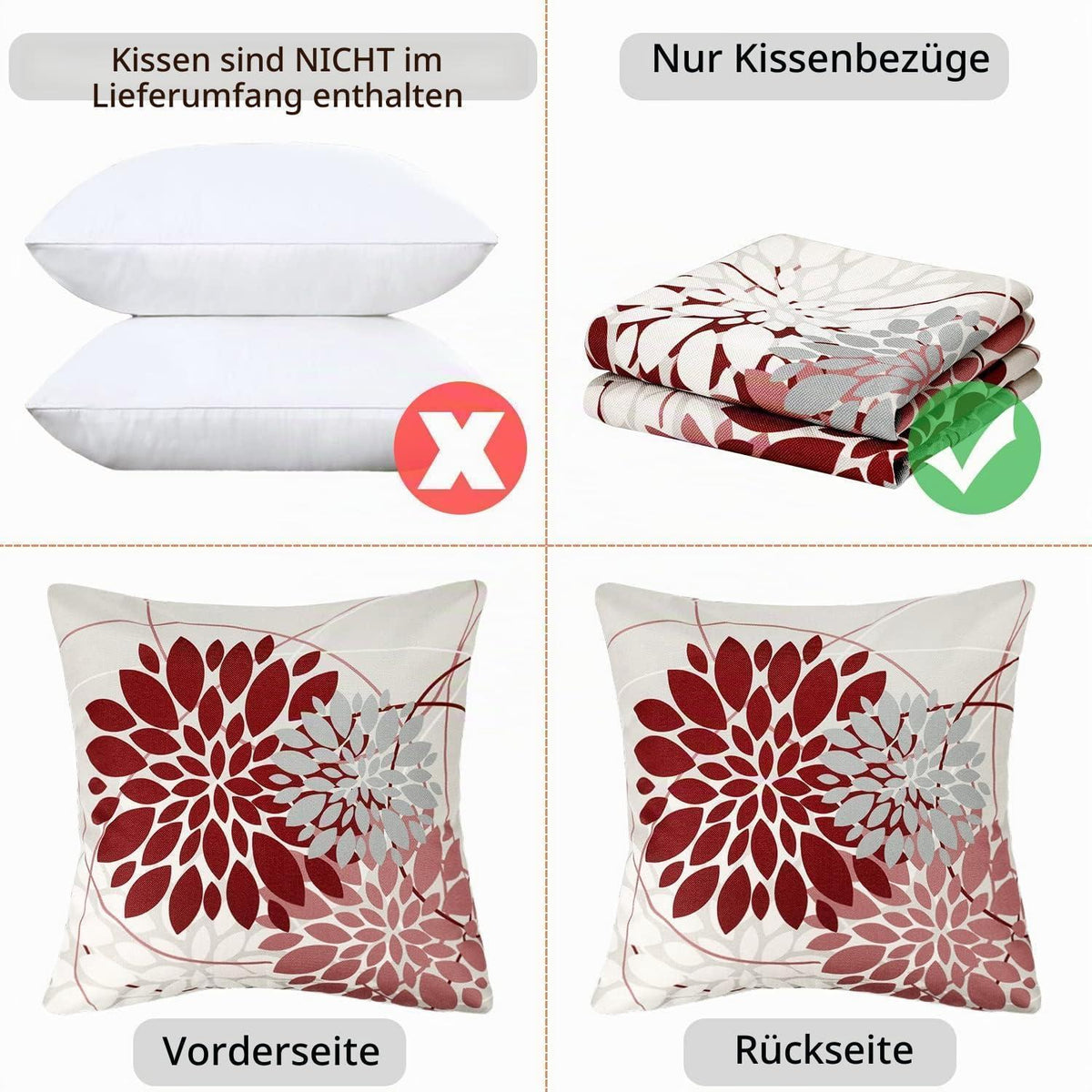Rot Dahlie Kissenbezug 50x50 cm - 2er Pack Leinenoptik
