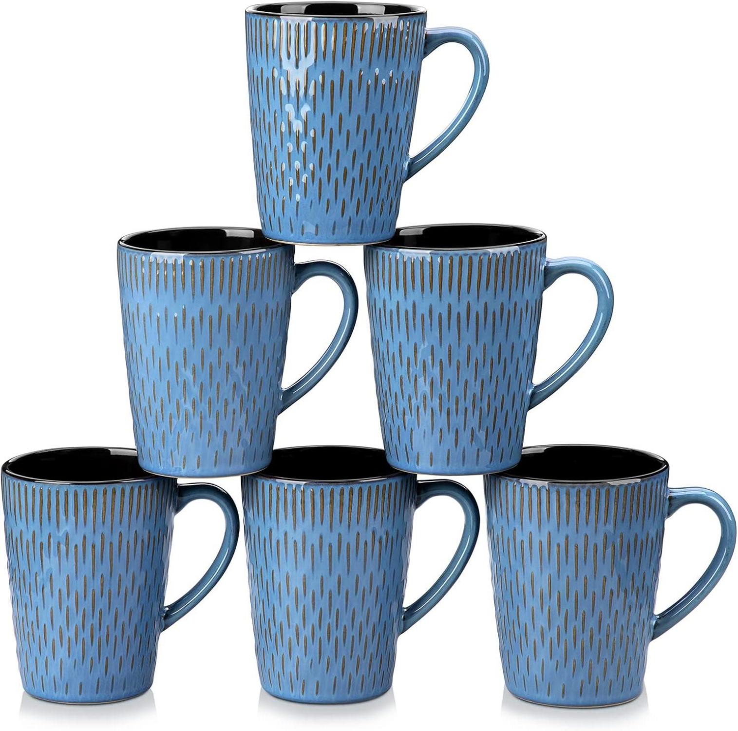 6er Kaffeebecher Set Steingut 480ml groß Blau Nature Farben
