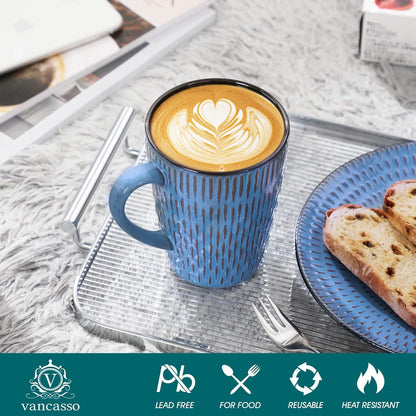 6er Kaffeebecher Set Steingut 480ml groß Blau Nature Farben