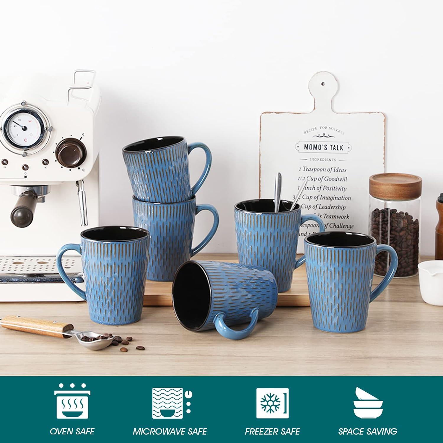 6er Kaffeetassen Set Steingut 480ml Blau Henkel Groß Sei. F. Tee, Kaffee, Cappuccino, Latte, Kakao, Milch, Heiß- Kaltgetränke