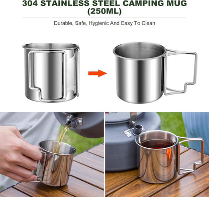 Camping Geschirr Set Outdoor Edelstahl 7-teilig Topf Tasse Pfanne Göffel