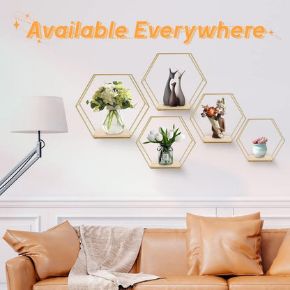 Hexagon Wandregal 5er Set Gold – Metall Wandregale für Deko