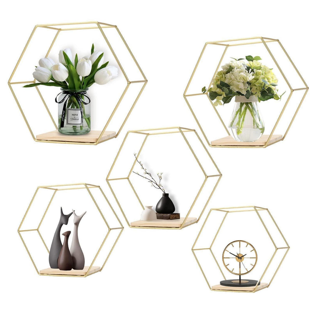 Hexagon Wandregal 5er Set Gold – Metall Wandregale für Deko