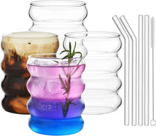 Gerippte Trinkgläser mit Glasstrohhalmen 4er Set 350ml Eiskaffeegläser