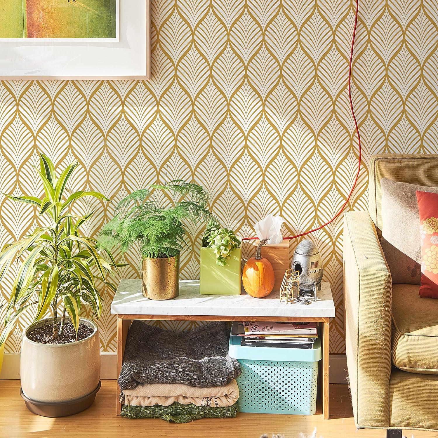 Moderne Selbstklebende Geometrische Tapete Gold-Weiß 0.4W x 6L m