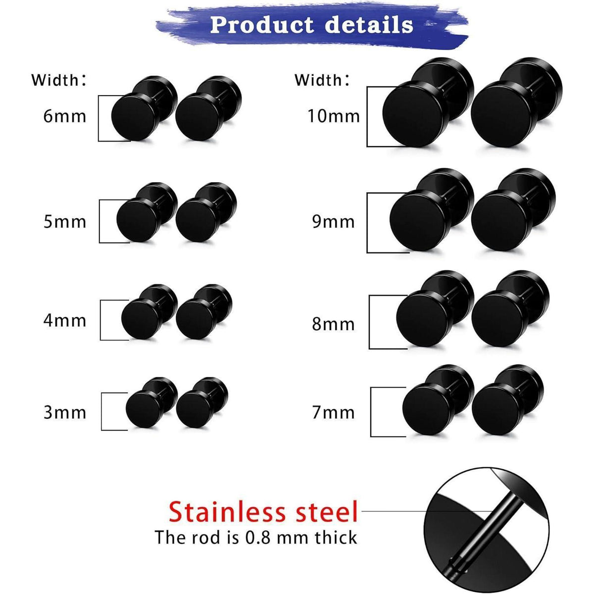 Herren Ohrstecker Edelstahl 8 Paar Schwarz 3-10mm