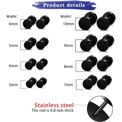 Herren Ohrstecker Edelstahl 8 Paar Schwarz 3-10mm