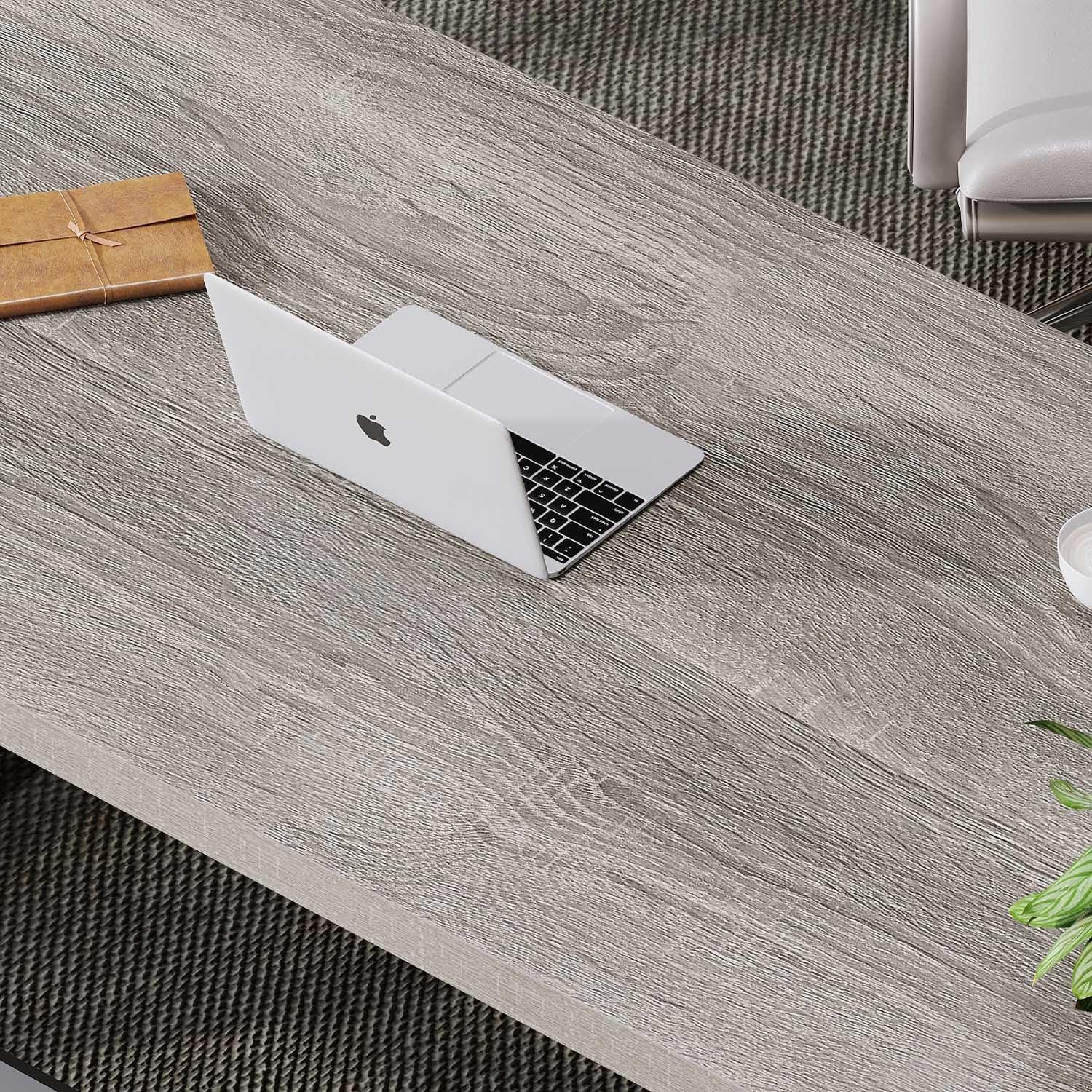Grauer Computer-Büroschreibtisch mit Stauraum, Holz-Metall-Schreibtisch, moderner Arbeitsplatztisch