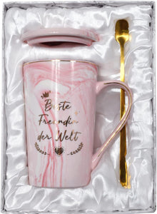 Rosa Keramik Kaffeetasse mit Deckel für Beste Freundin - Geschenk 400