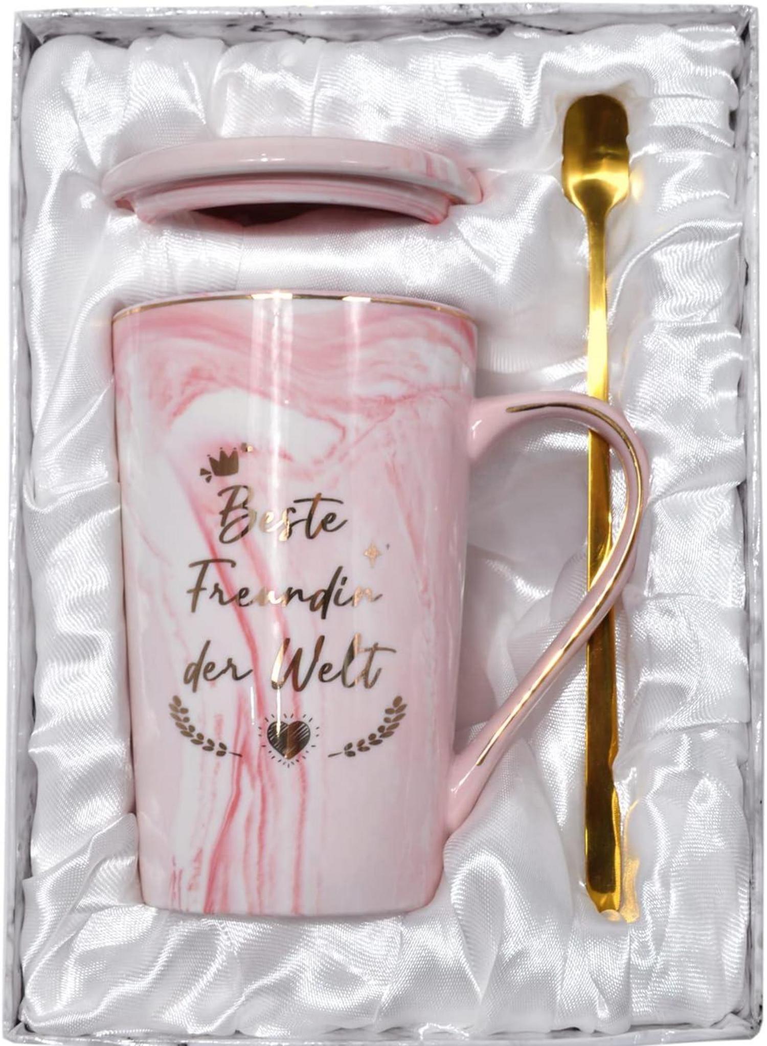 Rosa Keramik Kaffeetasse mit Deckel für Beste Freundin - Geschenk 400