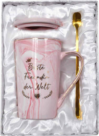 Rosa Keramik Kaffeetasse mit Deckel für Beste Freundin - Geschenk 400